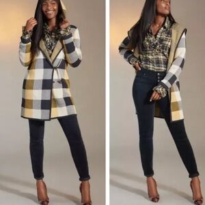 CAbi hooded buffalo check cardigan sweater coat with toggle closure Size Small